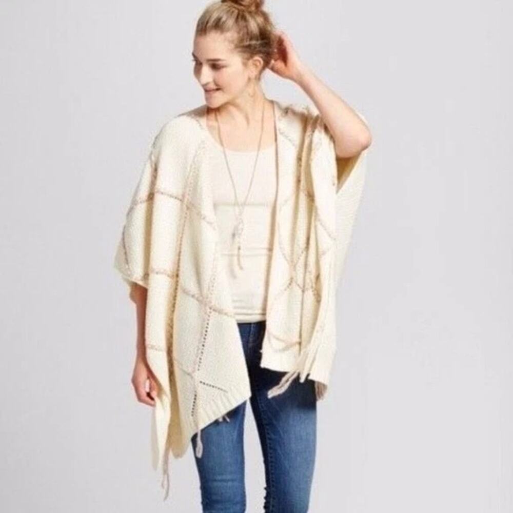 Knox Rose Knit Cape Cardigan Poncho Tassel Fringe Cream XXL Boho Festival Hippie